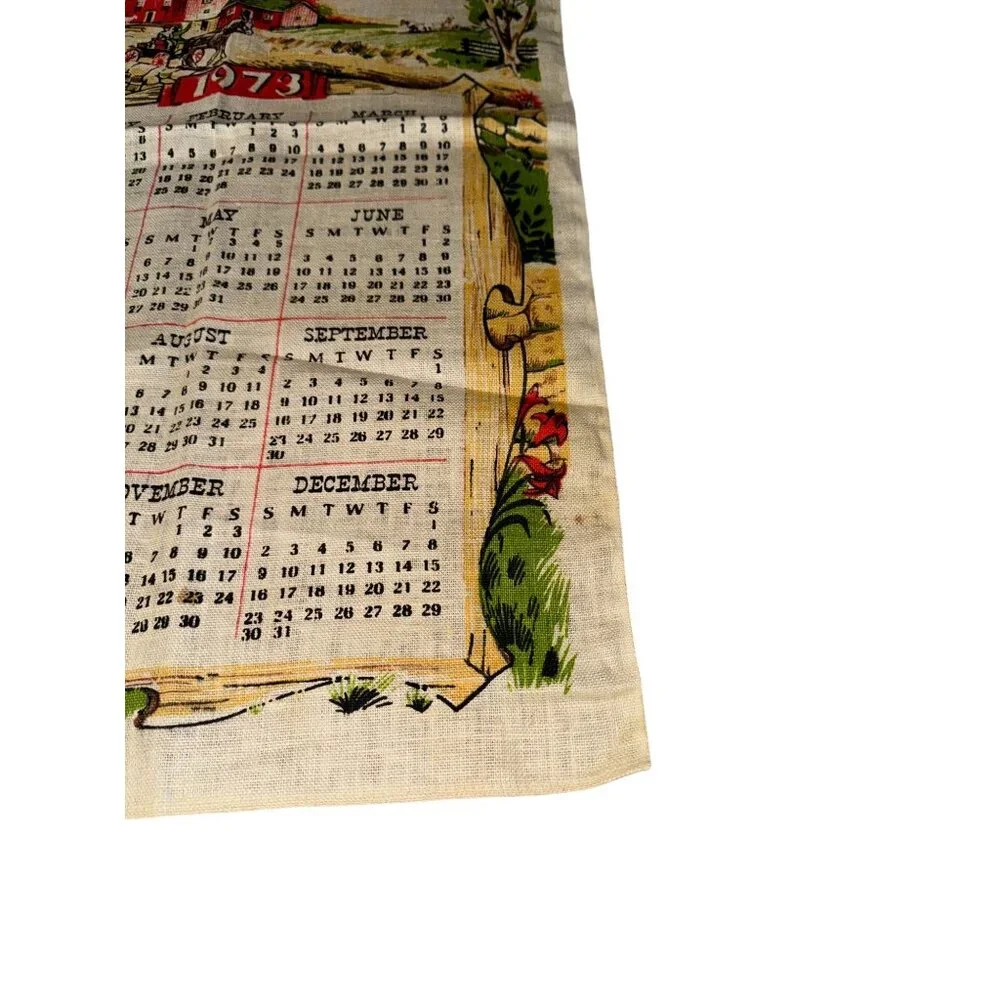 Vintage 1973 Cloth Wall Hanging Calendar Farm Theme
